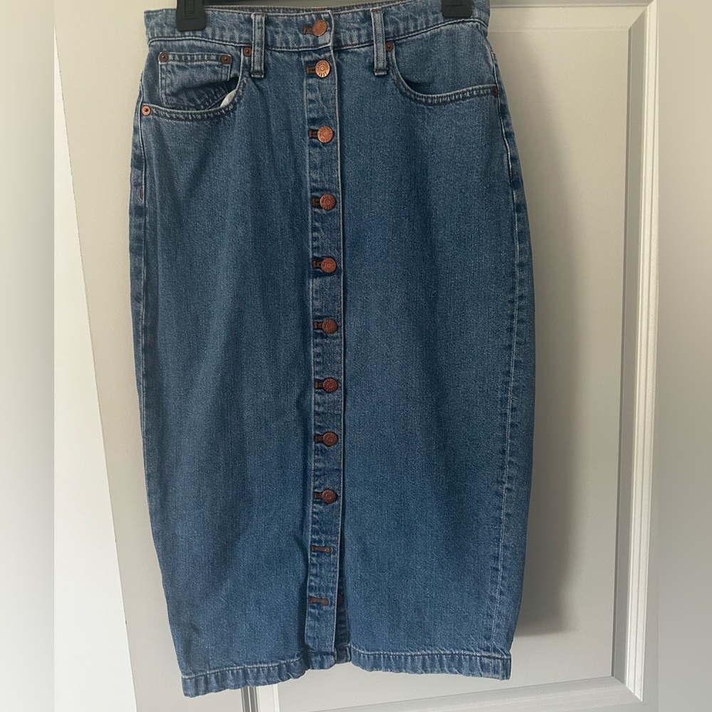 Madewell Blue Denim Midi Skirt with Button Detail